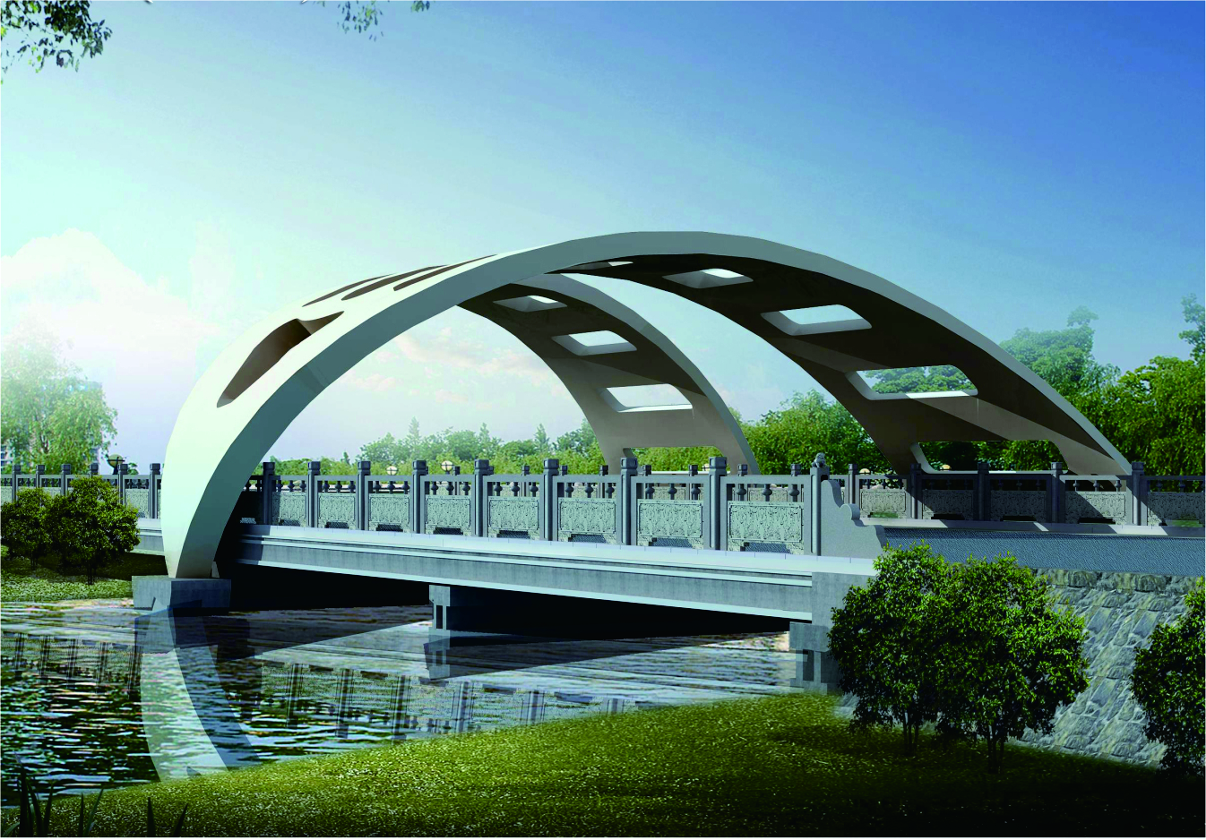 本桥下部采用梁桥形式,上部造型选用鹰嘴景观造型,突出地方特色文化.